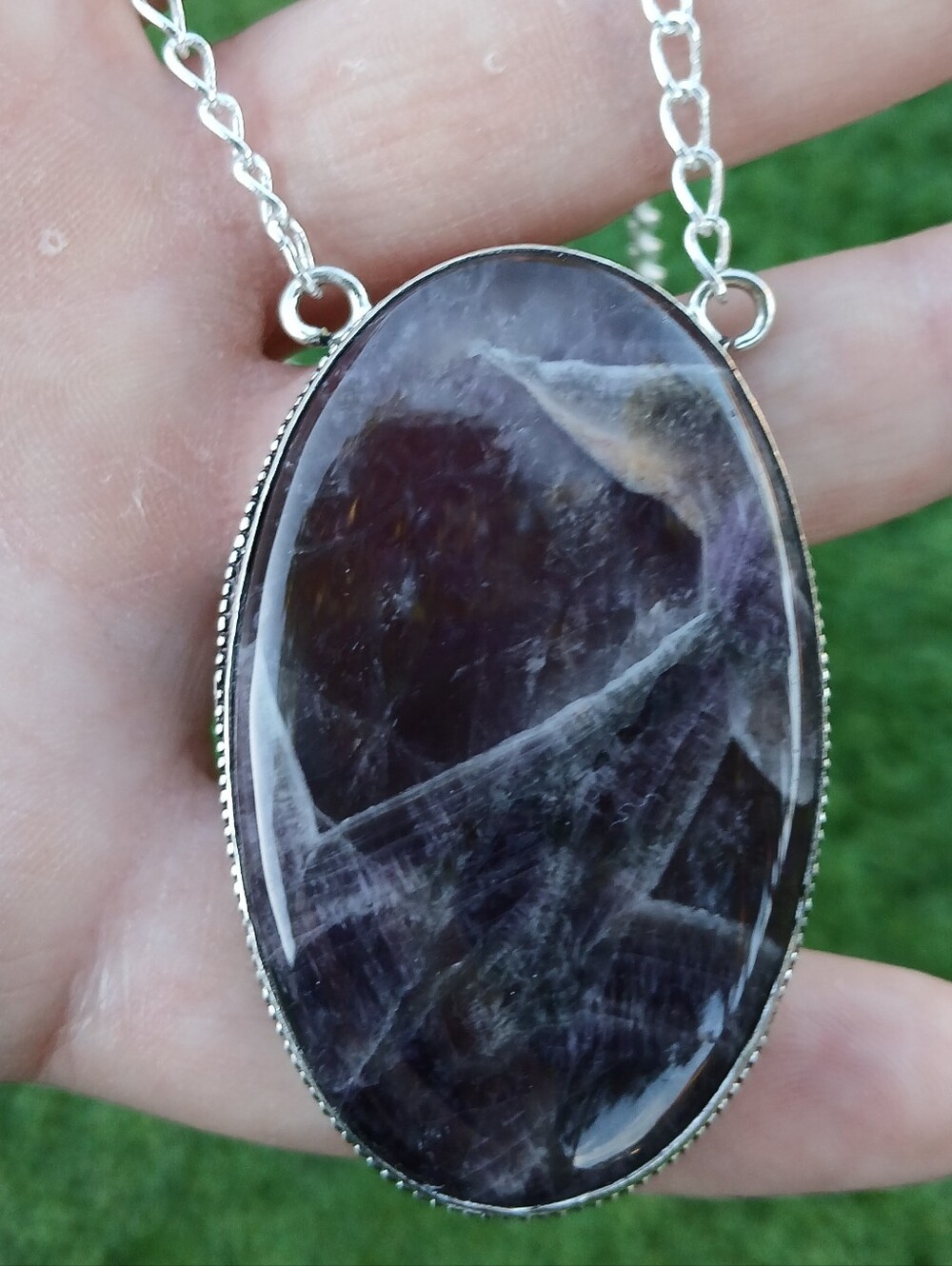New Oversized Chevron Amethyst 925 Silver Necklace.